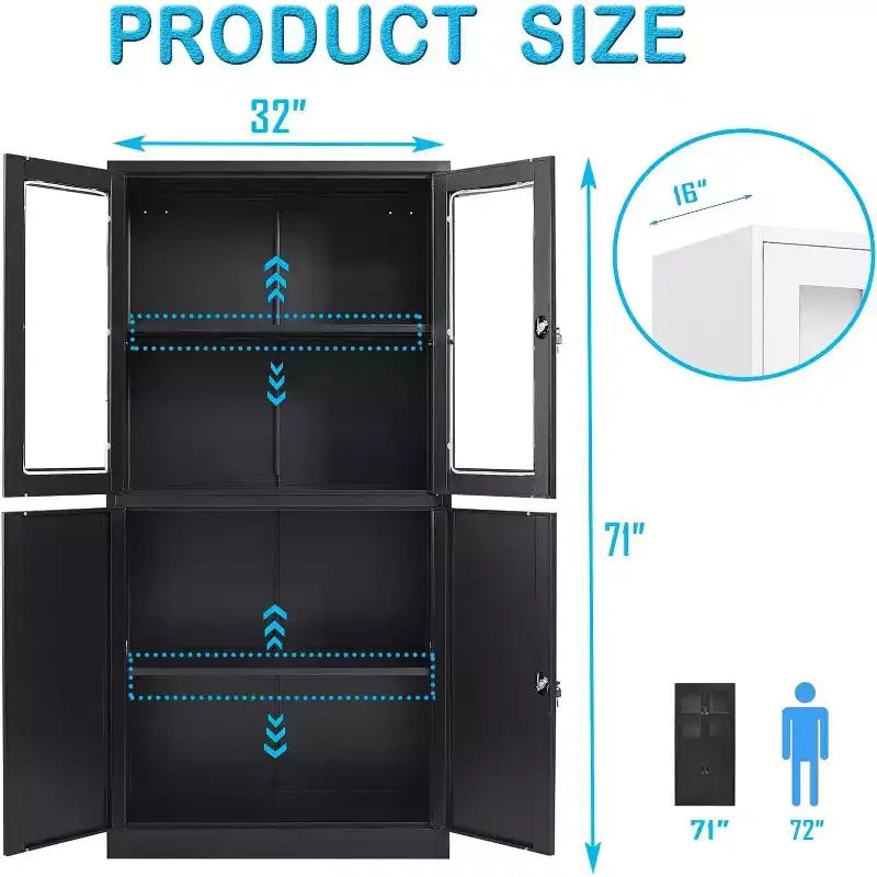 Grand meuble de rangement de bureau avec portes vitrées et étagères réglables, lot de 1