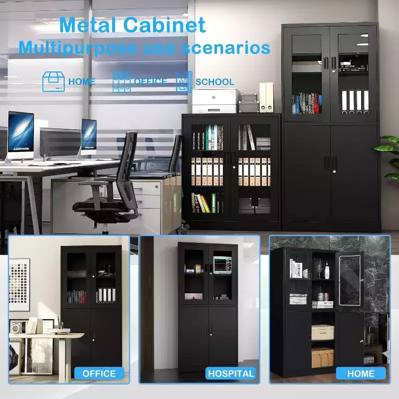 Grand meuble de rangement de bureau avec portes vitrées et étagères réglables, lot de 1
