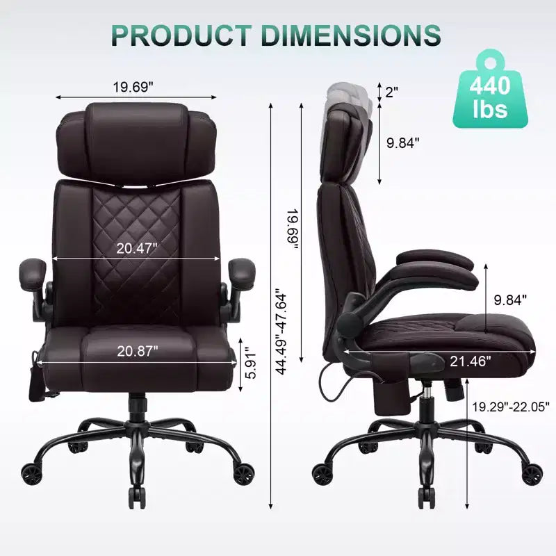 Fauteuil de bureau ergonomique 200 kg Fauteuil de direction en similicuir Dossier haut Appuie-tête réglable Accoudoirs rabattables Fauteuil informatique