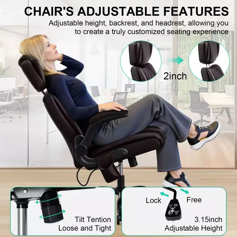 Fauteuil de bureau ergonomique 200 kg Fauteuil de direction en similicuir Dossier haut Appuie-tête réglable Accoudoirs rabattables Fauteuil informatique