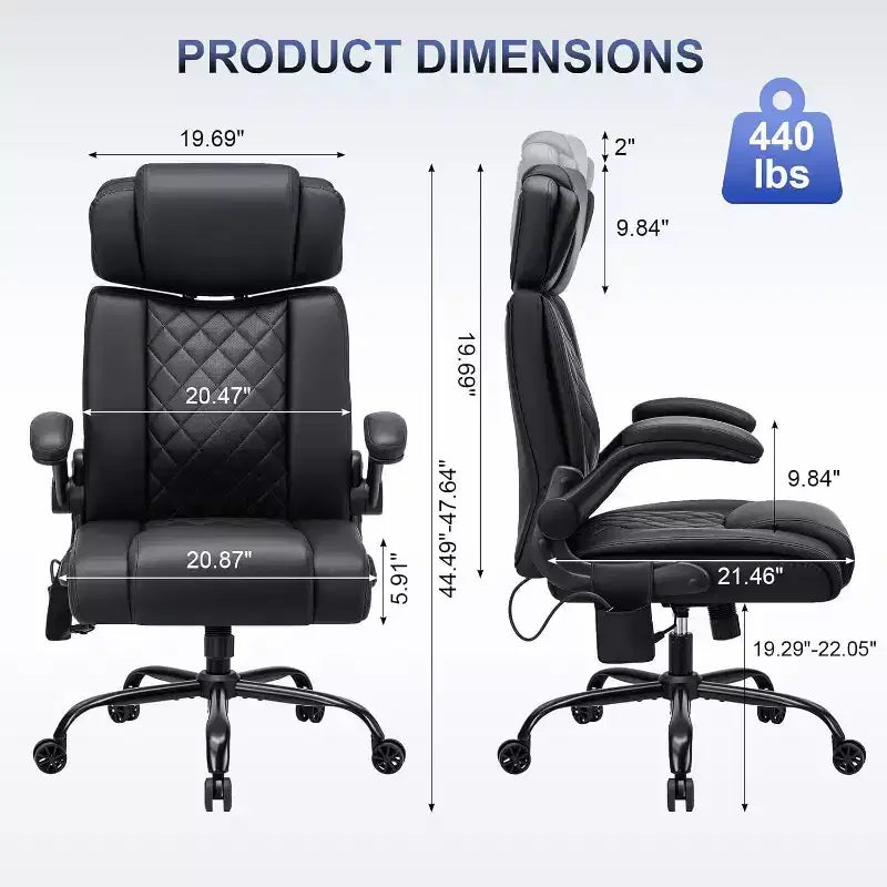 Fauteuil de bureau ergonomique 200 kg Fauteuil de direction en similicuir Dossier haut Appuie-tête réglable Accoudoirs rabattables Fauteuil informatique