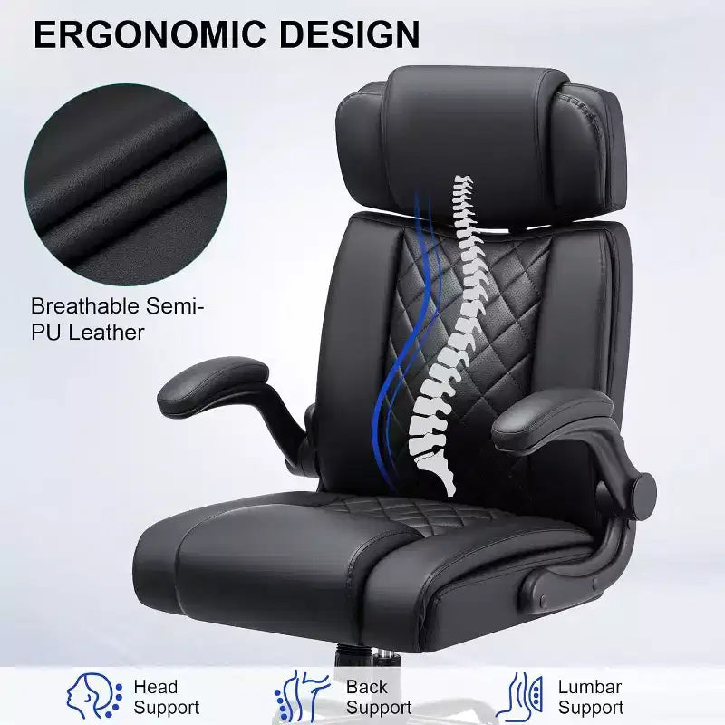 Fauteuil de bureau ergonomique 200 kg Fauteuil de direction en similicuir Dossier haut Appuie-tête réglable Accoudoirs rabattables Fauteuil informatique