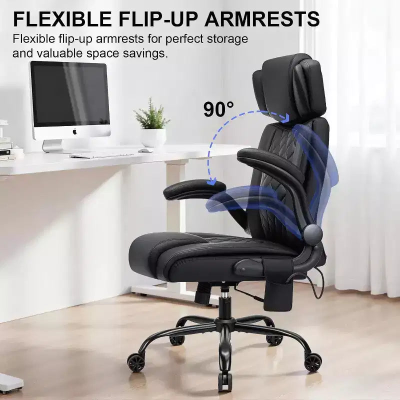 Fauteuil de bureau ergonomique 200 kg Fauteuil de direction en similicuir Dossier haut Appuie-tête réglable Accoudoirs rabattables Fauteuil informatique