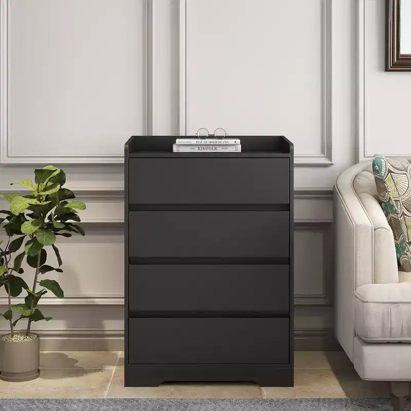 JVNOXK Handle-Free Four-Drawer Cabinet 100% Waterproof Modern Wooden Cabinet Sturdy Frame Suitable for Living Room or Bedroom Black