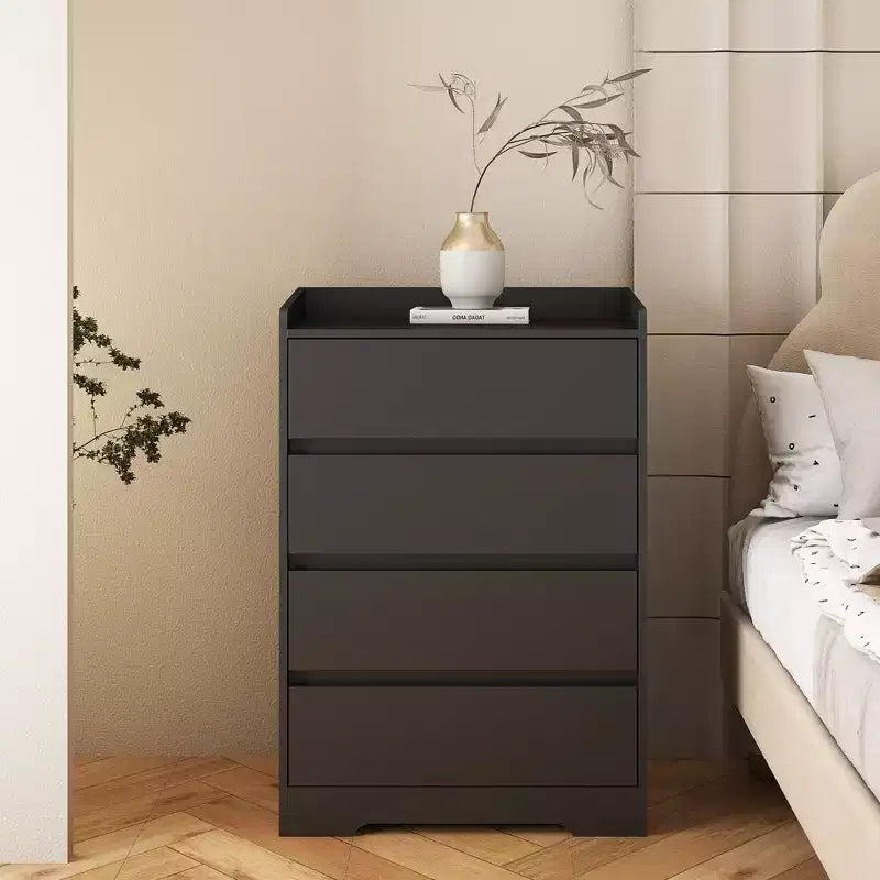 Commode à quatre tiroirs sans poignée, 100 % étanche, en bois moderne, cadre robuste, idéale pour le salon ou la chambre à coucher, noire