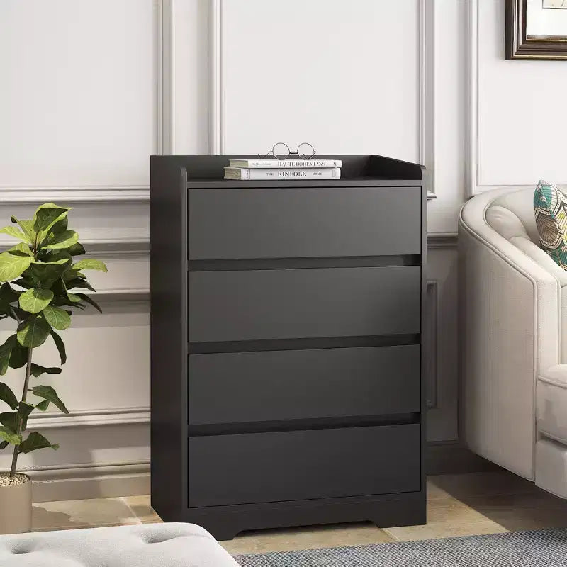 Commode à quatre tiroirs sans poignée, 100 % étanche, en bois moderne, cadre robuste, idéale pour le salon ou la chambre à coucher, noire
