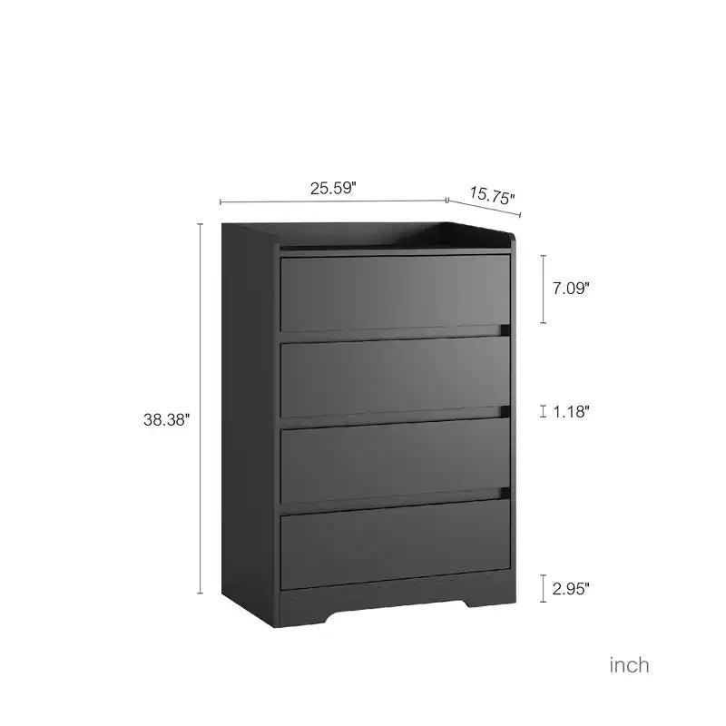 Commode à quatre tiroirs sans poignée, 100 % étanche, en bois moderne, cadre robuste, idéale pour le salon ou la chambre à coucher, noire