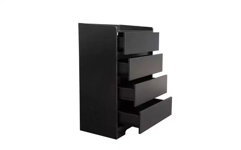 Commode à quatre tiroirs sans poignée, 100 % étanche, en bois moderne, cadre robuste, idéale pour le salon ou la chambre à coucher, noire