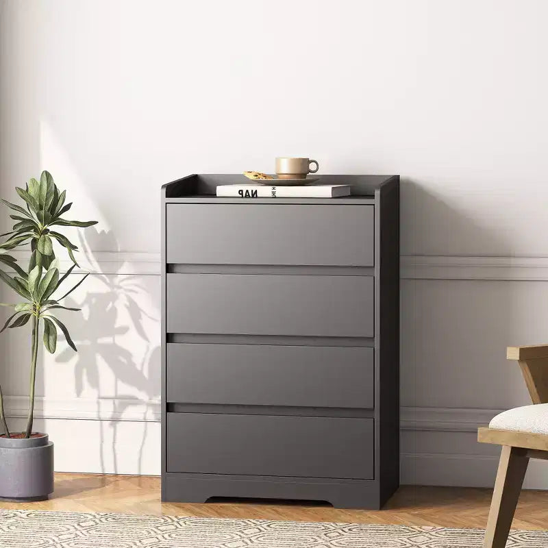 Commode à quatre tiroirs sans poignée, 100 % étanche, en bois moderne, cadre robuste, idéale pour le salon ou la chambre à coucher, noire