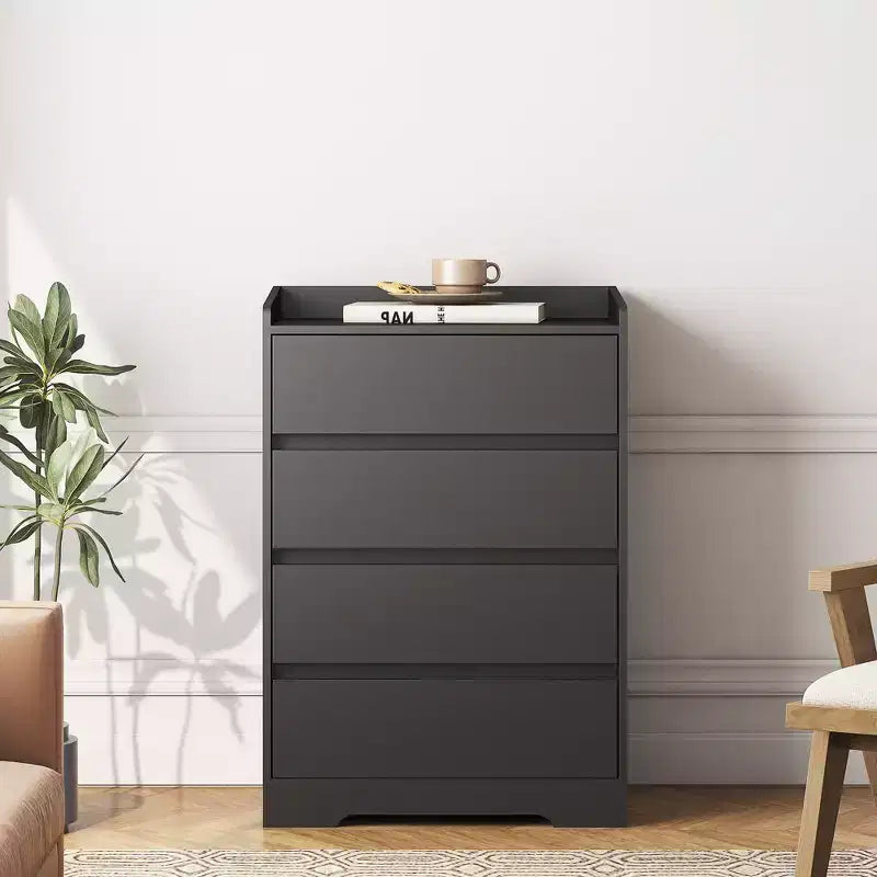Commode à quatre tiroirs sans poignée, 100 % étanche, en bois moderne, cadre robuste, idéale pour le salon ou la chambre à coucher, noire