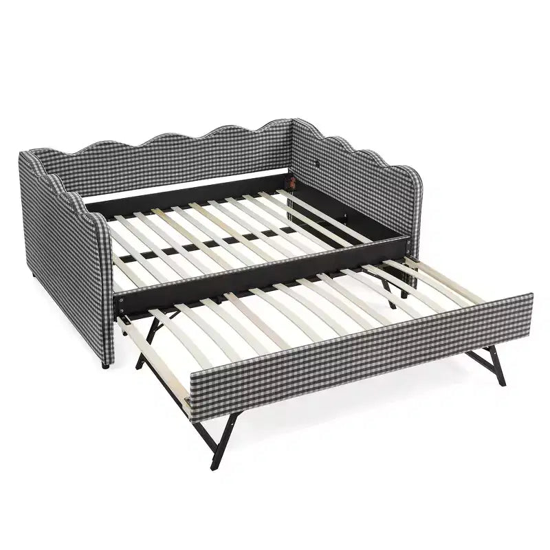 Lit de repos double avec lit gigogne - Tissu en lin à carreaux, tête de lit ondulée et port de charge USB