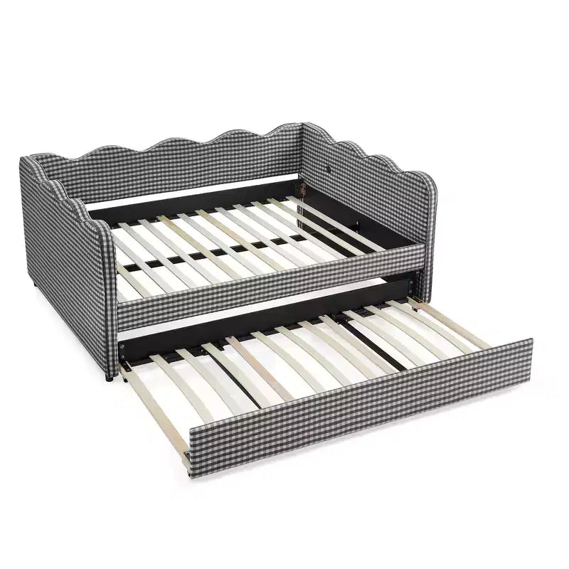 Lit de repos double avec lit gigogne - Tissu en lin à carreaux, tête de lit ondulée et port de charge USB