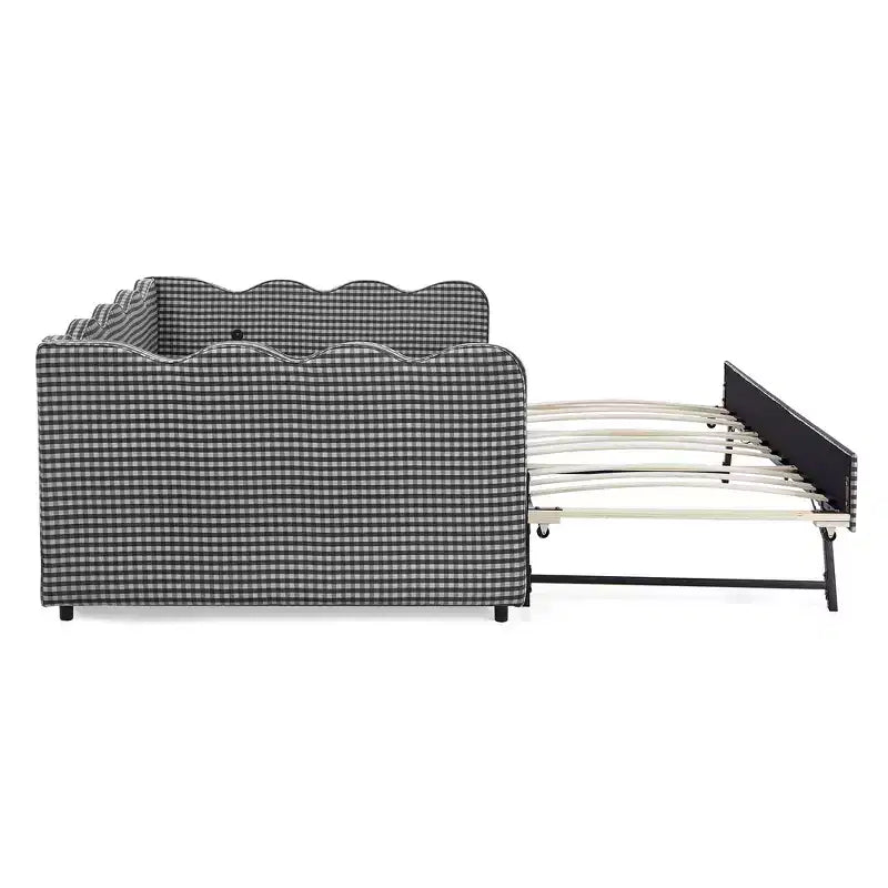 Lit de repos double avec lit gigogne - Tissu en lin à carreaux, tête de lit ondulée et port de charge USB