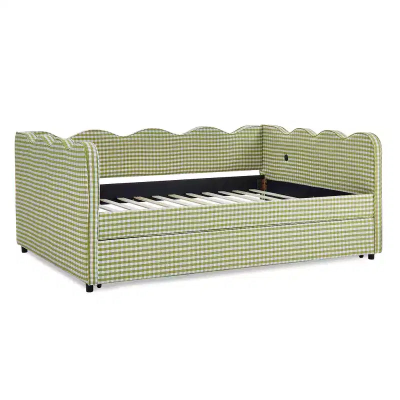 Lit de repos double avec lit gigogne - Tissu en lin à carreaux, tête de lit ondulée et port de charge USB