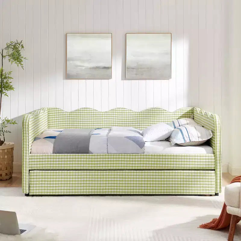 Lit de repos double avec lit gigogne - Tissu en lin à carreaux, tête de lit ondulée et port de charge USB