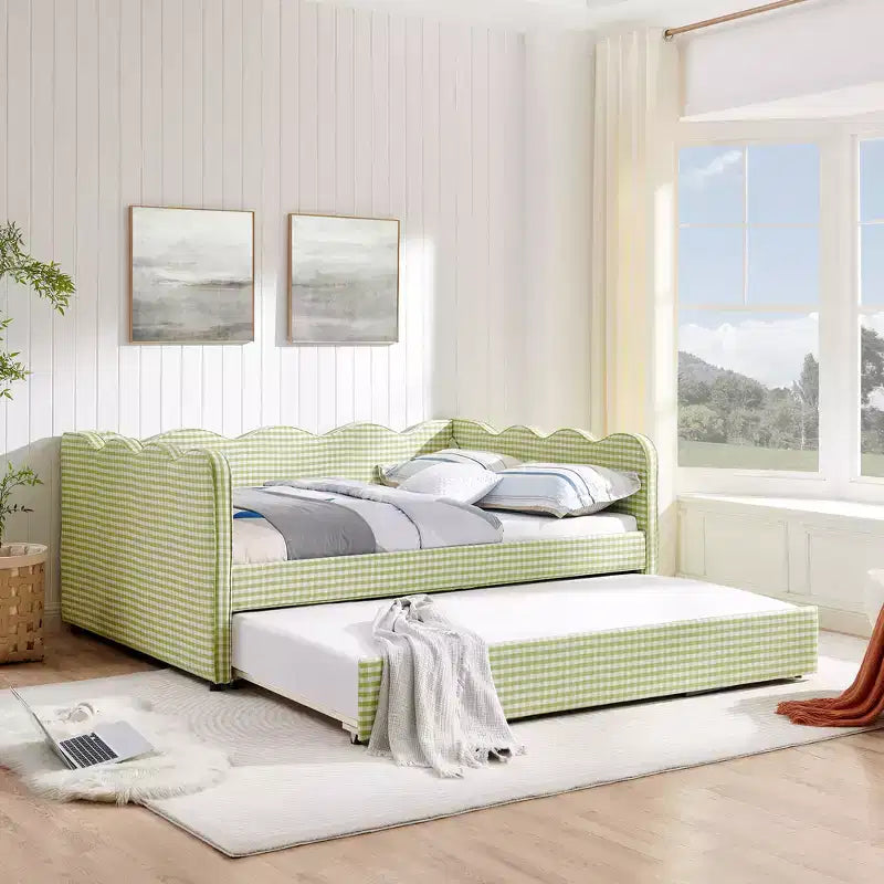 Lit de repos double avec lit gigogne - Tissu en lin à carreaux, tête de lit ondulée et port de charge USB