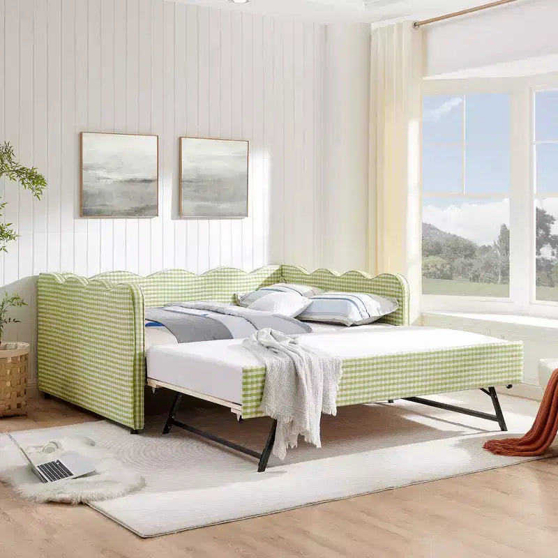 Lit de repos double avec lit gigogne - Tissu en lin à carreaux, tête de lit ondulée et port de charge USB