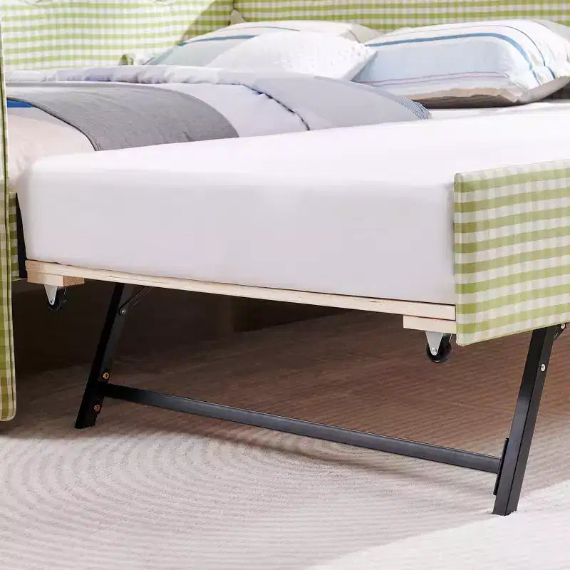 Lit de repos double avec lit gigogne - Tissu en lin à carreaux, tête de lit ondulée et port de charge USB