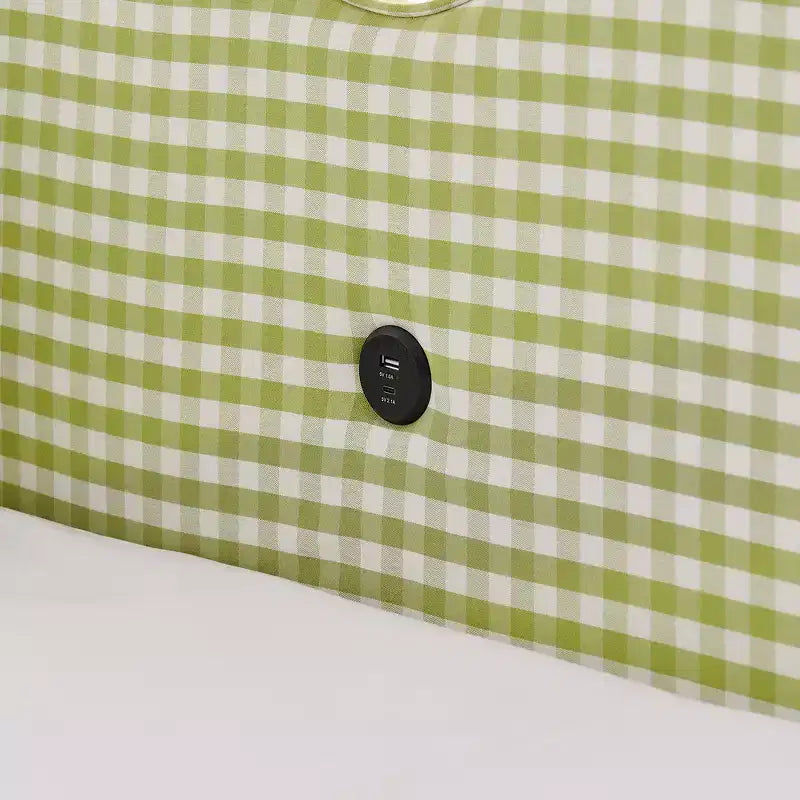 Lit de repos double avec lit gigogne - Tissu en lin à carreaux, tête de lit ondulée et port de charge USB
