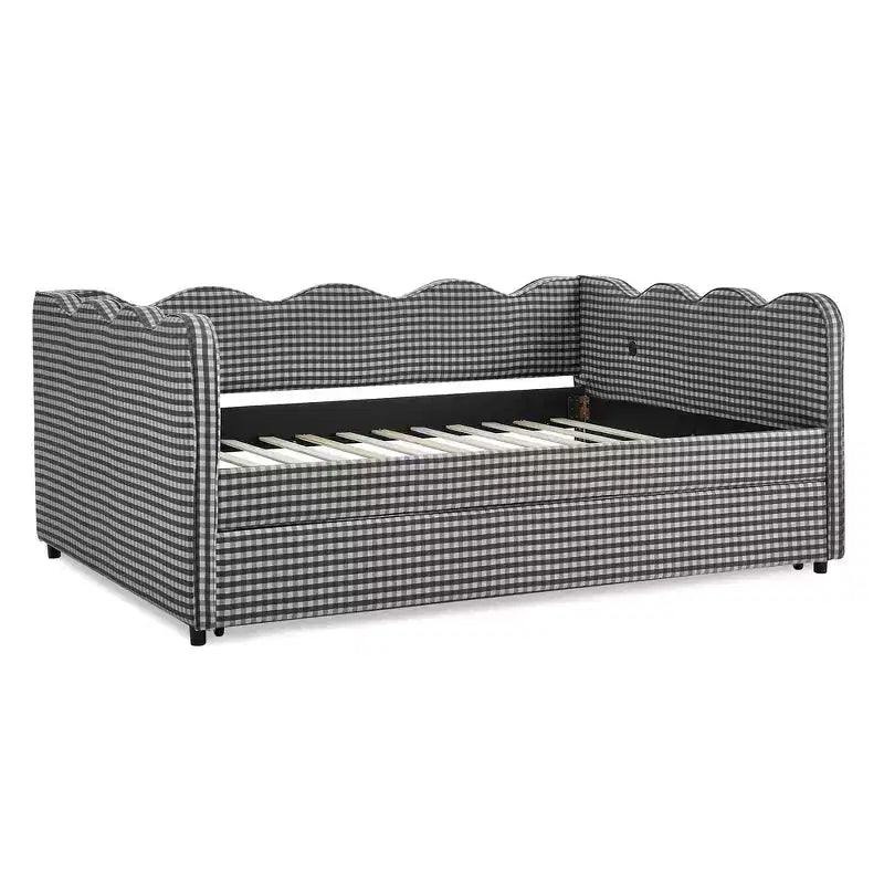 Lit de repos double avec lit gigogne - Tissu en lin à carreaux, tête de lit ondulée et port de charge USB