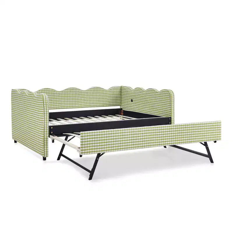 Lit de repos double avec lit gigogne - Tissu en lin à carreaux, tête de lit ondulée et port de charge USB
