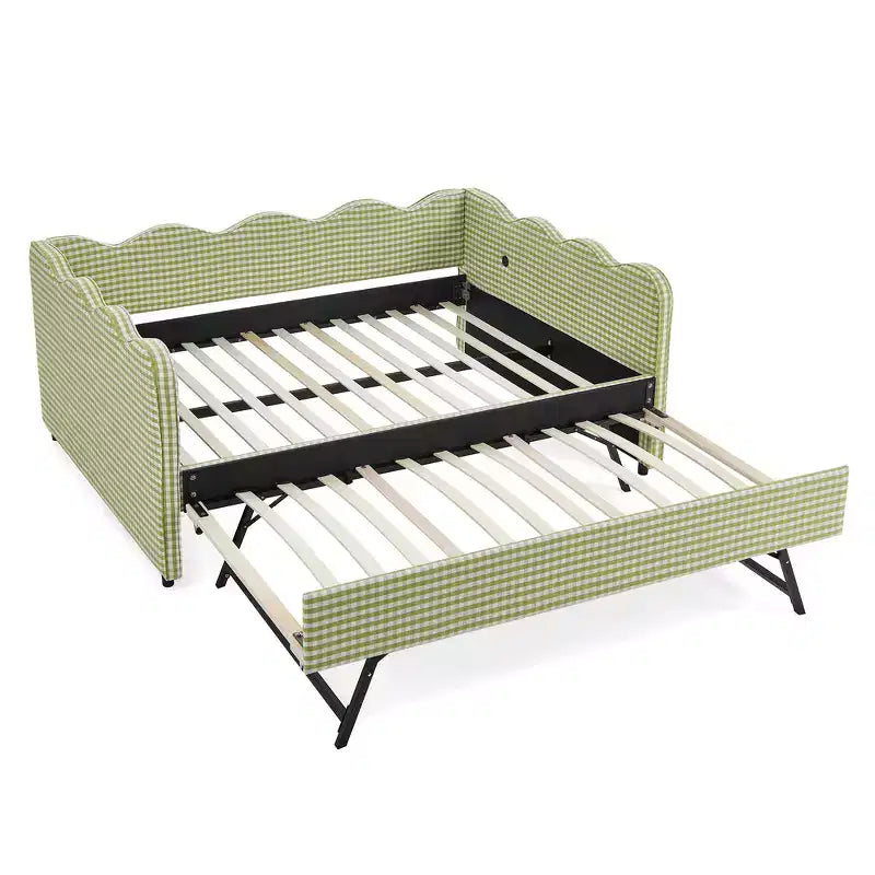 Lit de repos double avec lit gigogne - Tissu en lin à carreaux, tête de lit ondulée et port de charge USB