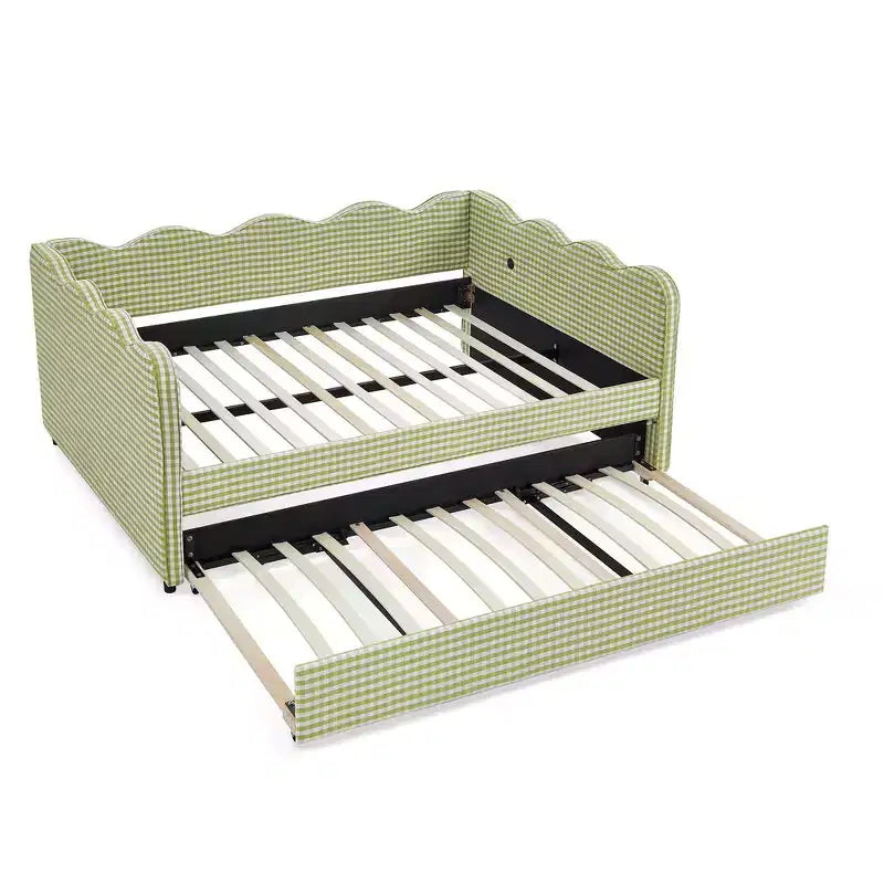 Lit de repos double avec lit gigogne - Tissu en lin à carreaux, tête de lit ondulée et port de charge USB