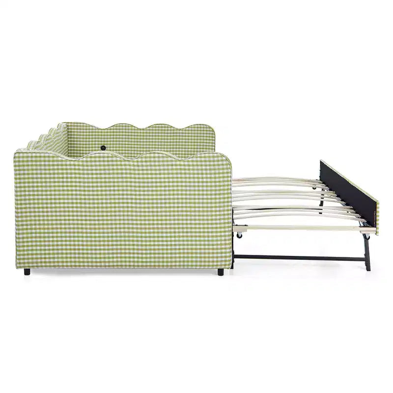 Lit de repos double avec lit gigogne - Tissu en lin à carreaux, tête de lit ondulée et port de charge USB