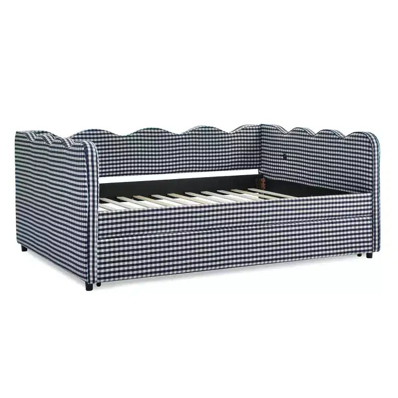 Lit de repos double avec lit gigogne - Tissu en lin à carreaux, tête de lit ondulée et port de charge USB
