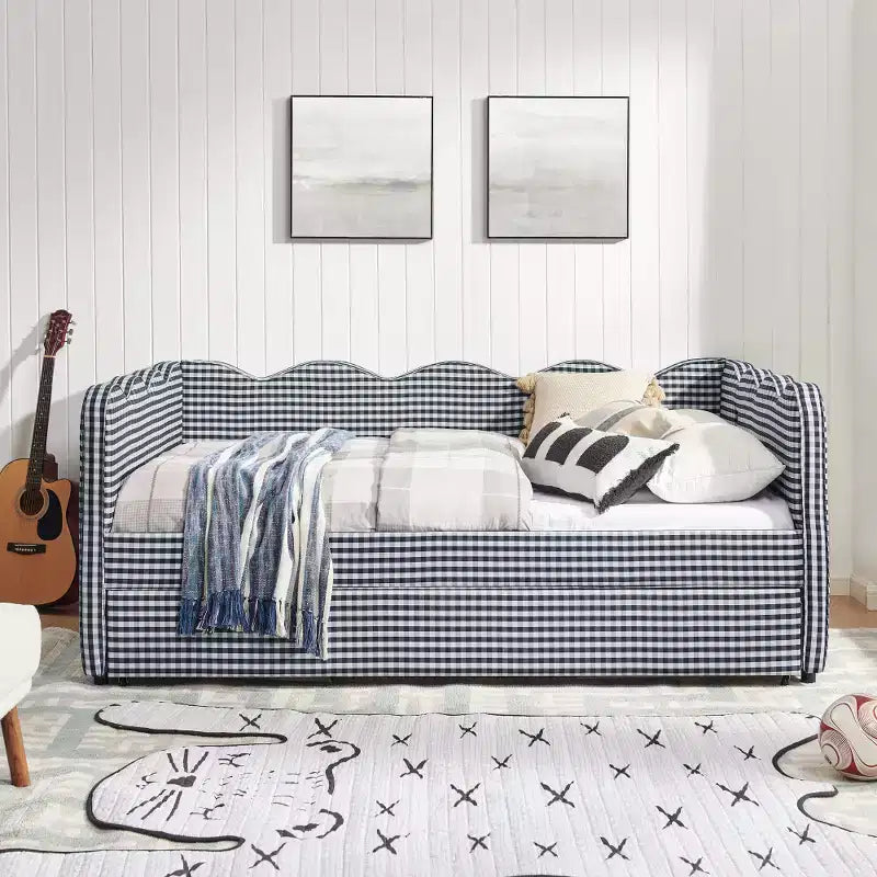 Lit de repos double avec lit gigogne - Tissu en lin à carreaux, tête de lit ondulée et port de charge USB