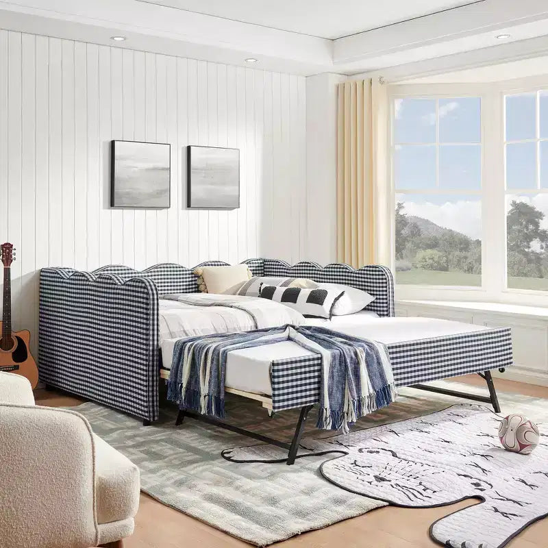 Lit de repos double avec lit gigogne - Tissu en lin à carreaux, tête de lit ondulée et port de charge USB