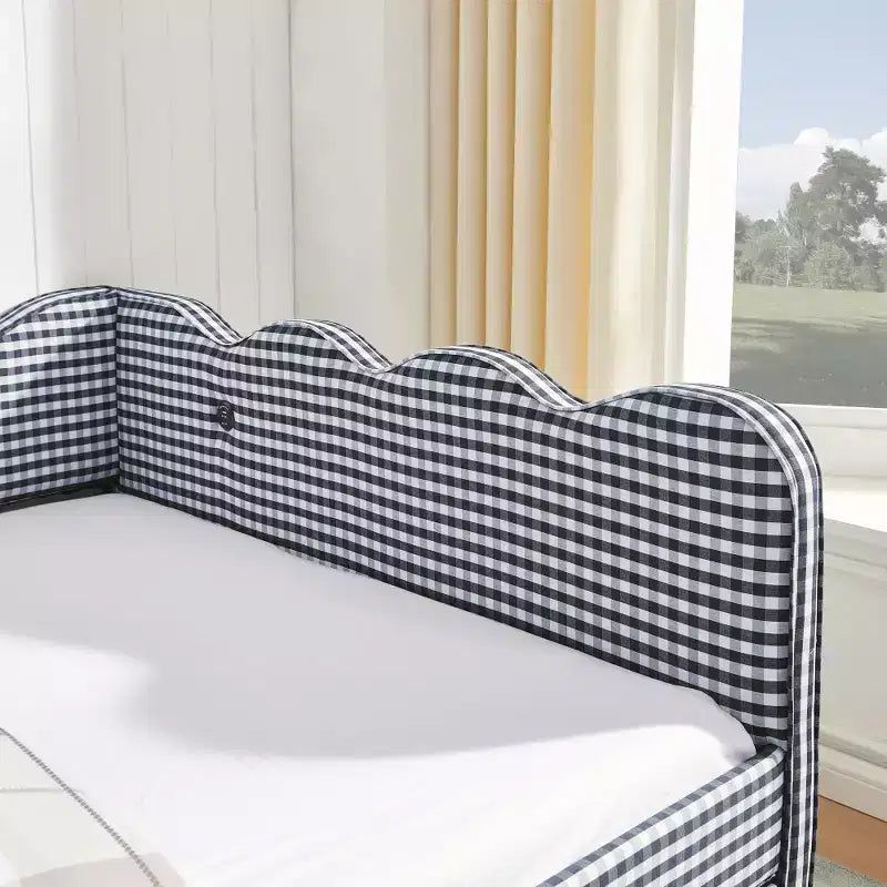 Lit de repos double avec lit gigogne - Tissu en lin à carreaux, tête de lit ondulée et port de charge USB