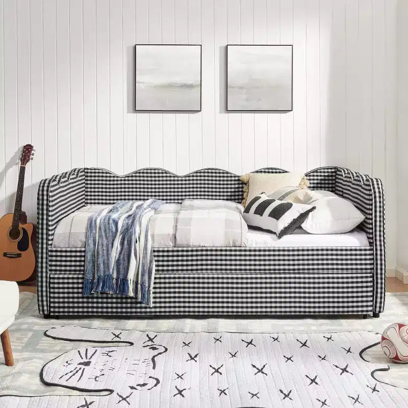 Lit de repos double avec lit gigogne - Tissu en lin à carreaux, tête de lit ondulée et port de charge USB