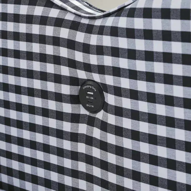 Lit de repos double avec lit gigogne - Tissu en lin à carreaux, tête de lit ondulée et port de charge USB