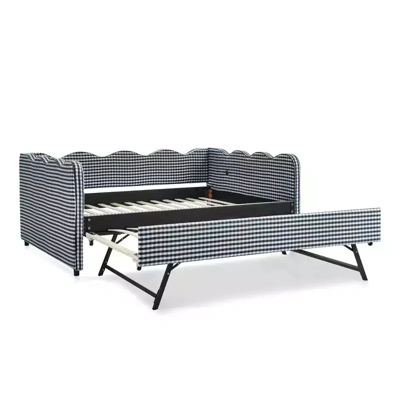 Lit de repos double avec lit gigogne - Tissu en lin à carreaux, tête de lit ondulée et port de charge USB