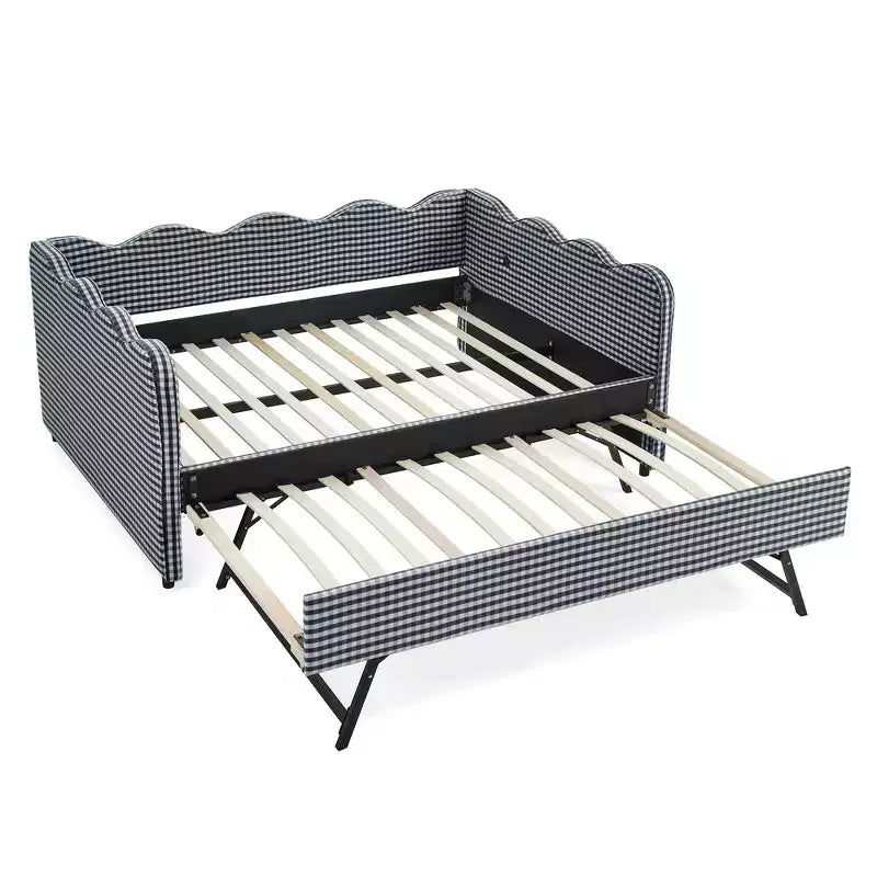 Lit de repos double avec lit gigogne - Tissu en lin à carreaux, tête de lit ondulée et port de charge USB