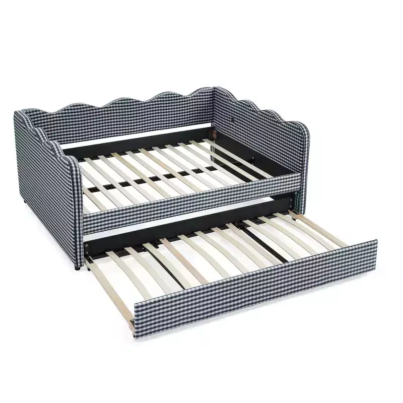 Lit de repos double avec lit gigogne - Tissu en lin à carreaux, tête de lit ondulée et port de charge USB