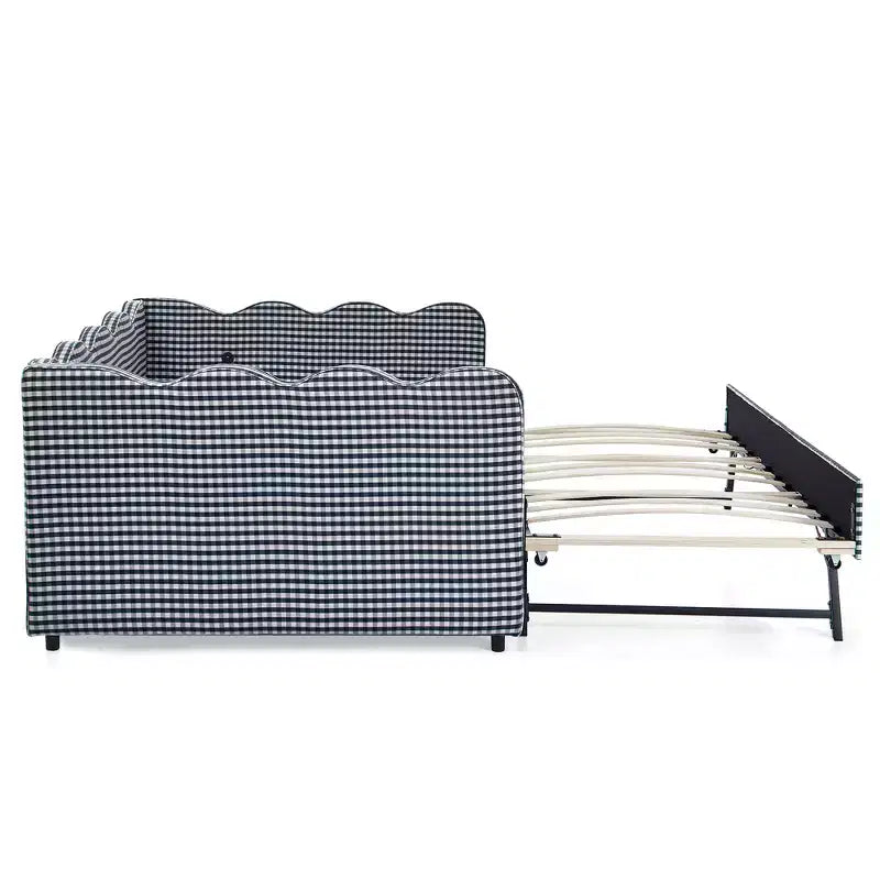 Lit de repos double avec lit gigogne - Tissu en lin à carreaux, tête de lit ondulée et port de charge USB