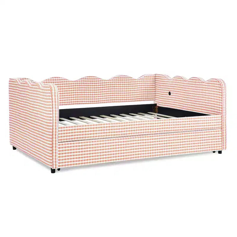 Lit de repos double avec lit gigogne - Tissu en lin à carreaux, tête de lit ondulée et port de charge USB