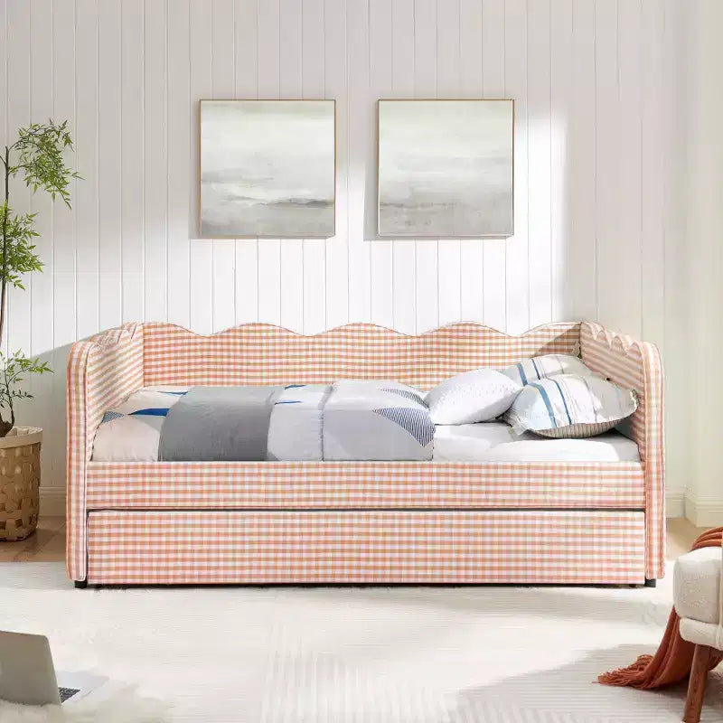 Lit de repos double avec lit gigogne - Tissu en lin à carreaux, tête de lit ondulée et port de charge USB