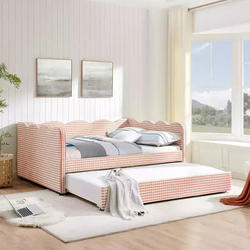 Lit de repos double avec lit gigogne - Tissu en lin à carreaux, tête de lit ondulée et port de charge USB