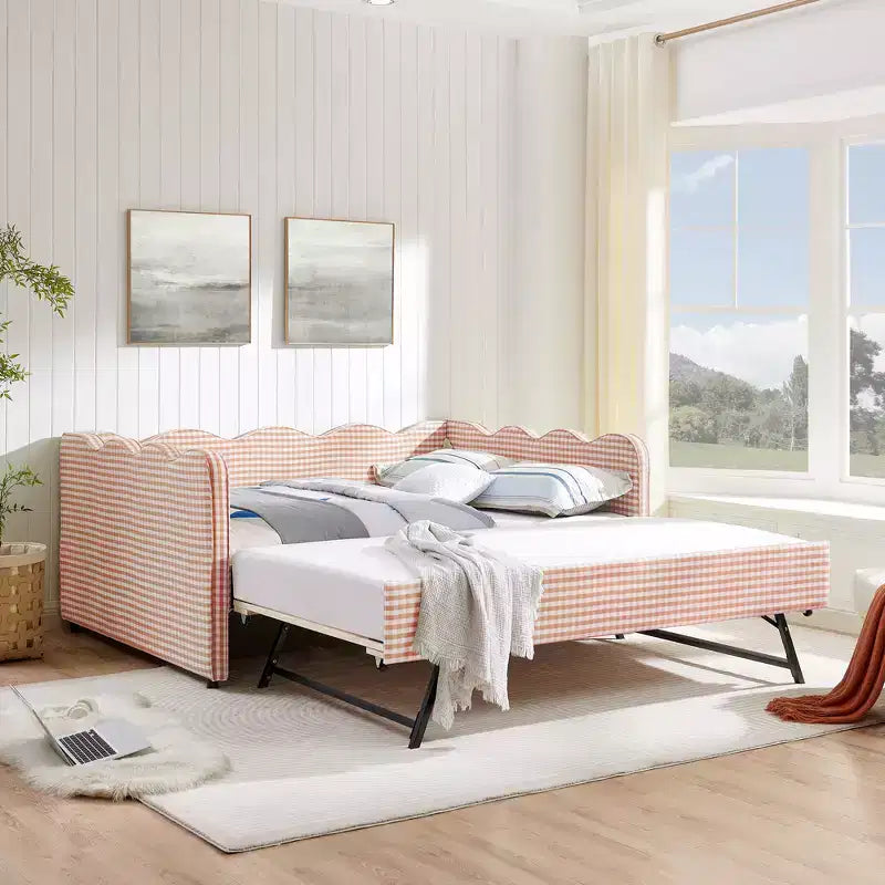 Lit de repos double avec lit gigogne - Tissu en lin à carreaux, tête de lit ondulée et port de charge USB