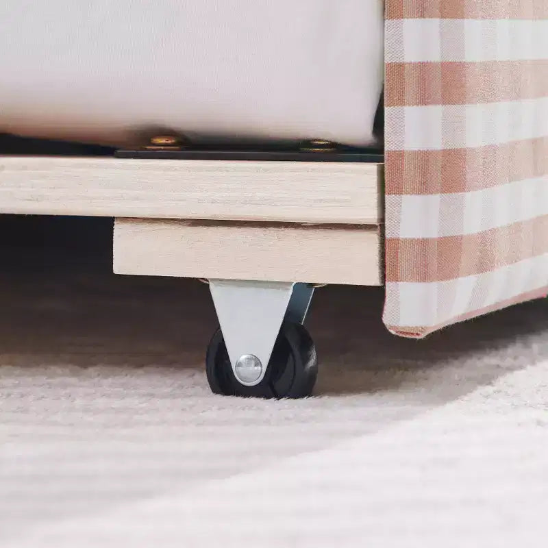 Lit de repos double avec lit gigogne - Tissu en lin à carreaux, tête de lit ondulée et port de charge USB