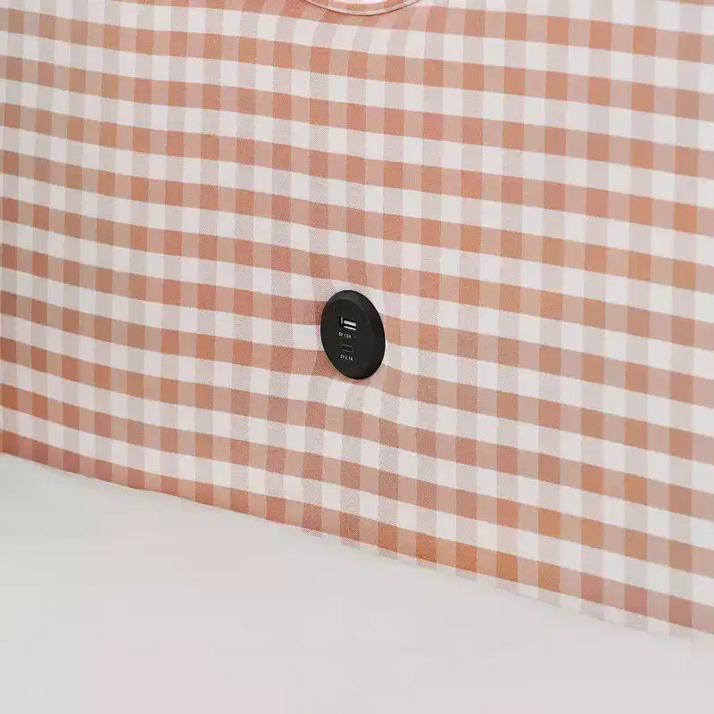 Lit de repos double avec lit gigogne - Tissu en lin à carreaux, tête de lit ondulée et port de charge USB