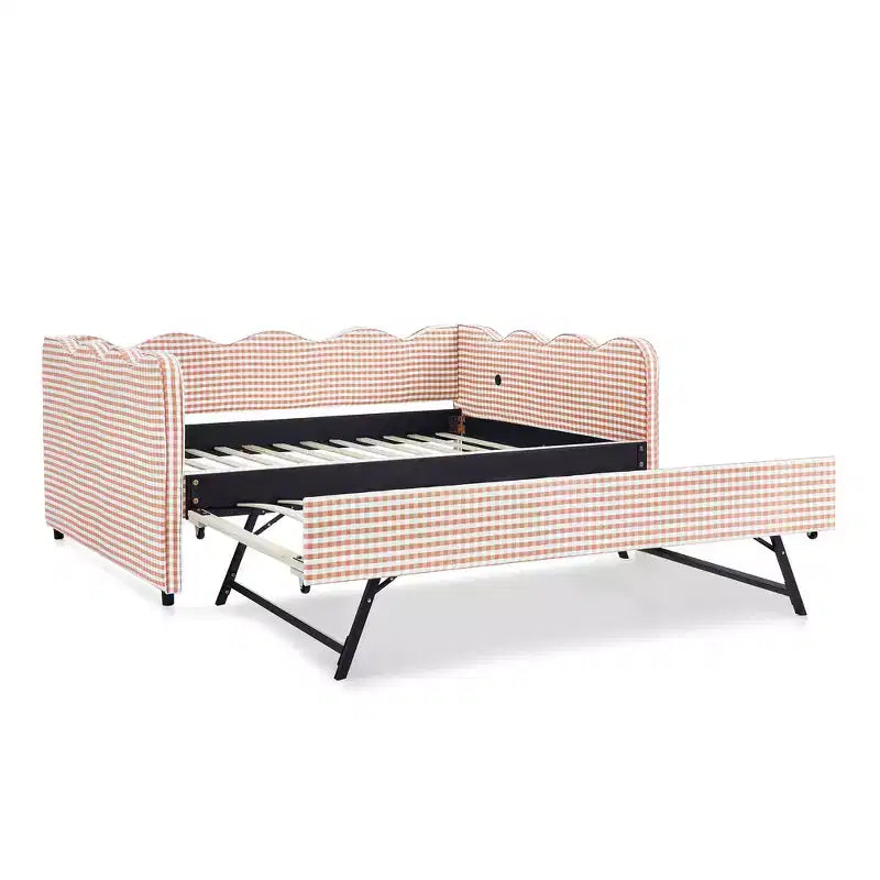 Lit de repos double avec lit gigogne - Tissu en lin à carreaux, tête de lit ondulée et port de charge USB