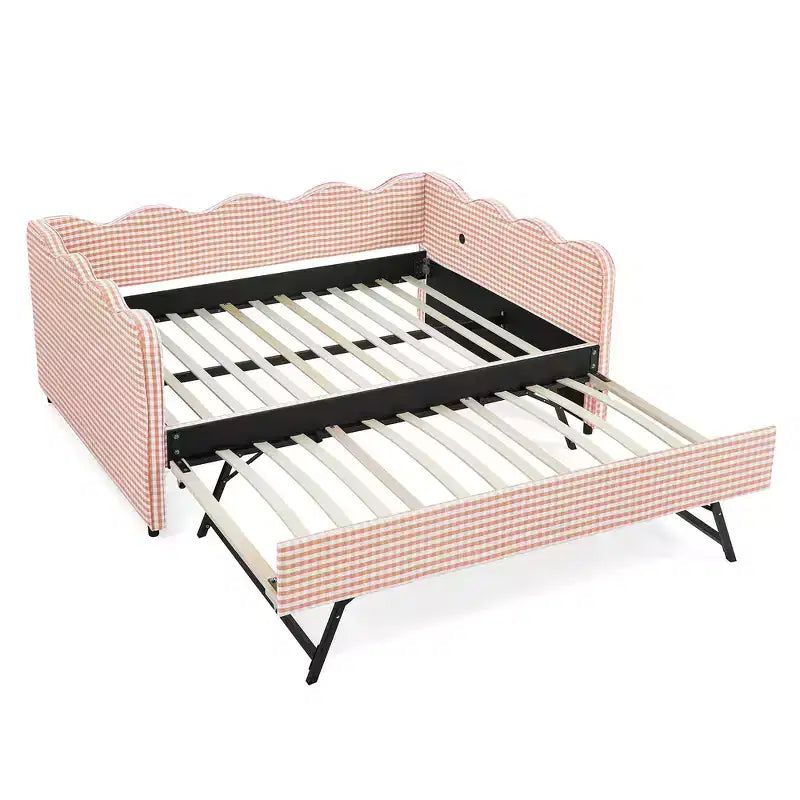 Lit de repos double avec lit gigogne - Tissu en lin à carreaux, tête de lit ondulée et port de charge USB