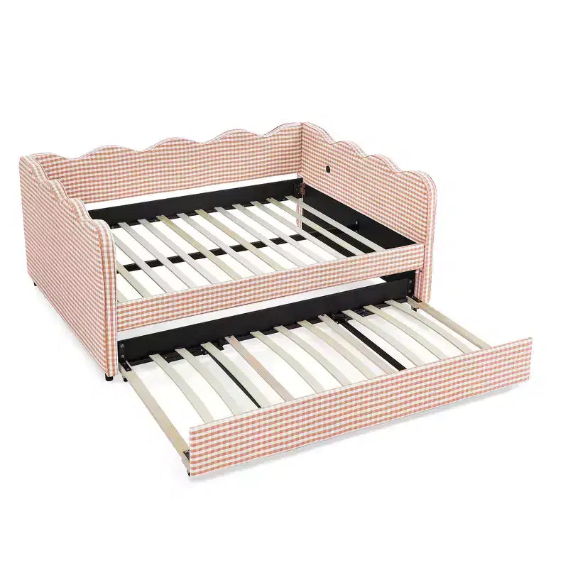 Lit de repos double avec lit gigogne - Tissu en lin à carreaux, tête de lit ondulée et port de charge USB