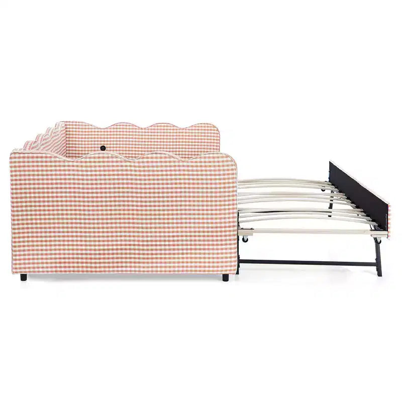 Lit de repos double avec lit gigogne - Tissu en lin à carreaux, tête de lit ondulée et port de charge USB