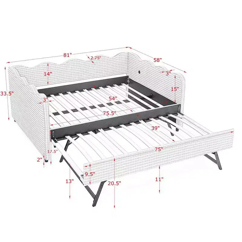 Lit de repos double avec lit gigogne - Tissu en lin à carreaux, tête de lit ondulée et port de charge USB