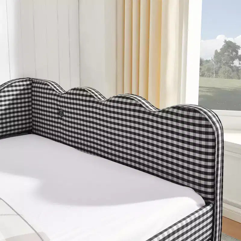 Lit de repos double avec lit gigogne - Tissu en lin à carreaux, tête de lit ondulée et port de charge USB